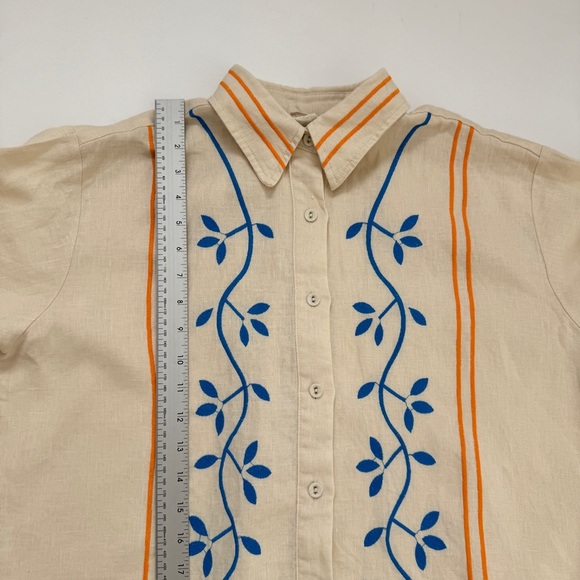 VRG Grl Blouse Sunsets Capri Linen Natural Button Down Collared Embroidered Sz 8 - Picture 7 of 16